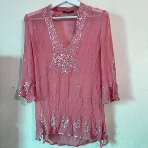 BCBG Max Azria Womens Textured Sheer Pink Embroidered Sequins Tunic Top Small